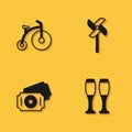 Set Vintage bicycle, Bowling pin, Circus ticket and Pinwheel toy icon with long shadow. Vector Royalty Free Stock Photo