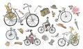 Set of vintage bikes, accesories and people, dressed in old fashion style. Vector illustration, isolated elements