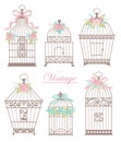 Set with vintage bird cages decorated with flowers and ribbons, vector illustration
