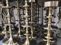 Set of Vintage Brass Candlesticks on white table indoor Royalty Free Stock Photo