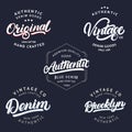 Set of Vintage, Brooklyn, Denim, Original and Authenic hand written lettering for label, badge, tee print. Royalty Free Stock Photo