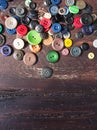 Set of vintage buttons on old wood