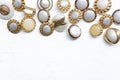 set of vintage buttons on white concrete background. Craft and needlework concept. Royalty Free Stock Photo