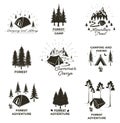 Set of vintage camping and outdoor adventure emblems, logos and badges. Camp tent in forest or mountains. Camping Royalty Free Stock Photo