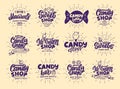 Set of vintage Candy emblems and stamps. Colorful sweet badges, stickers with rays