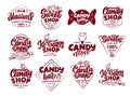 Set of vintage Candy emblems and stamps. Sweet shop badges, stickers on white background isolated