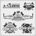 Set of vintage carpentry emblems. Woodwork  labels, badges, logos and design elements. Black and white vector illustration. Royalty Free Stock Photo