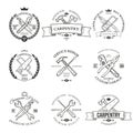 Set of vintage carpentry hand tools, repair service, labels and design elements Royalty Free Stock Photo