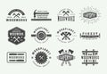 Set of vintage carpentry, woodwork and mechanic labels, badges, emblems and logo. Royalty Free Stock Photo