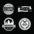 Set of vintage carpentry, woodwork and mechanic labels, badges, emblems and logo. Royalty Free Stock Photo