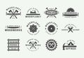 Set of vintage carpentry, woodwork and mechanic labels, badges, emblems and logo. Vector illustration. Royalty Free Stock Photo