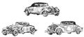 Set of vintage cars. Vintage auto graphic black and white drawing.