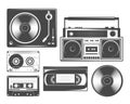 Set of vintage cassete, vinyl, recorders and players icons Royalty Free Stock Photo