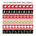 Set of vintage Christmas washi tapes, ribbons with birds, pine cones, mistletoe. Vector elements, cute patterns. Royalty Free Stock Photo