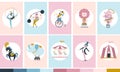 Set of vintage circus cards. Vector illustration in pastel colors. Simple hand-drawn cartoon style. Cute characters of Royalty Free Stock Photo