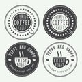 Set of vintage coffee logos, labels and emblems with cup, dish and grains Royalty Free Stock Photo