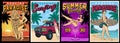 Set of vintage colour surfing posters with pin up girls, SUV car Royalty Free Stock Photo