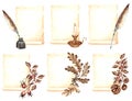 Set of vintage compositions parchment paper sheets with inkwell, feather pen, candle and plants branches. Hand drawn Royalty Free Stock Photo