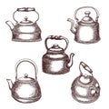 Set of vintage copper teapots in sketch style  outline drawing isolated on white background  stock illustration for design and Royalty Free Stock Photo