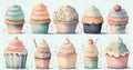 Set of vintage cupcakes and desserts illustrations, generative AI