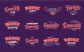 Set of vintage Dancing emblems, phrases Dance sport badges, stickers on purple background isolated