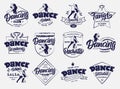 Set of vintage Dancing emblems and stamps. Sport badges, stickers on white background
