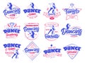 Set of vintage Dancing emblems and stamps. Sport color badges, stickers on white background isolated