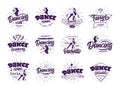 Set of vintage Dancing emblems, stamps, stickers. Sport badges on white background isolated with rays