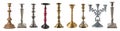 Set of vintage different candelabrum, candle stand, candlestick isolated on white background Royalty Free Stock Photo