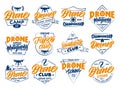 Set of vintage Drone emblems and stamps. Colorful badges, templates, stickers on white background isolated
