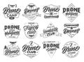 Set of vintage Drone emblems and stamps. Flying club badges, stickers on white background isolated