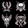 Set of vintage emblems with ancient weapon, knights, vikings. Design element for logo, label, emblem, sign