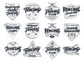 Set of vintage Fencing emblems and stamps. Badges, stickers on white background isolated.