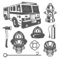 Set of vintage firefighter and fire equipment icons in monochrome style Royalty Free Stock Photo