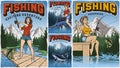 Set of vintage fishing posters with pin up girls Royalty Free Stock Photo