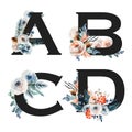 Set of vintage floral letters A-D, isolated illustration on white background, for wedding monogram, greeting cards