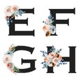 Set of vintage floral letters E-H, isolated illustration on white background, for wedding monogram, greeting cards