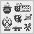 Set of vintage food studio emblems, labels and design elements. Cooking class, cooking courses, culinary school logos. Royalty Free Stock Photo