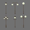 Set of vintage gas or electric street lamps. Outdoor lights isolated on a gray background. Collection of vector urban icons