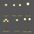 Set of vintage gas or electric street lamps. Outdoor lights at night. Collection of vector urban icons