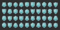 Set of vintage glass 3d shield icons. Blue heraldic shields. Black protection and security symbol, label. Vector Royalty Free Stock Photo