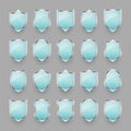 Set of vintage glass 3d shield icons. Blue heraldic shields. Black protection and security symbol, label. Vector Royalty Free Stock Photo