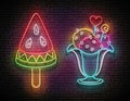 Set of Vintage Glow Signboards with Ice Cream Balls in Vase and Watermelon Sorbet