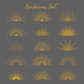 Set of vintage gold bursting rays flat icon. Graphic symbols half sun sunset firework spark starburst explosion. Vector Royalty Free Stock Photo