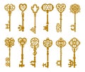 Set of vintage gold key silhouette or icons