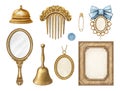 Watercolor set with vintage female golden accessories and gold objects collection Royalty Free Stock Photo