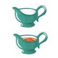 Set of vintage gravy boat with sauce. Empty, full. Textured illustration