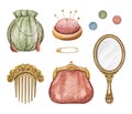 Watercolor set with vintage female accessories and objects collection Royalty Free Stock Photo