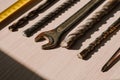 Set of vintage hand construction and carpentry tools hammers on a old wooden background Royalty Free Stock Photo