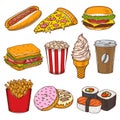 Set of vintage hand drawn fast food icons.